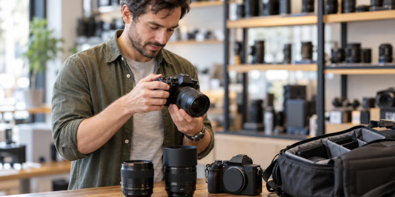 Photographer comparing two camera lenses